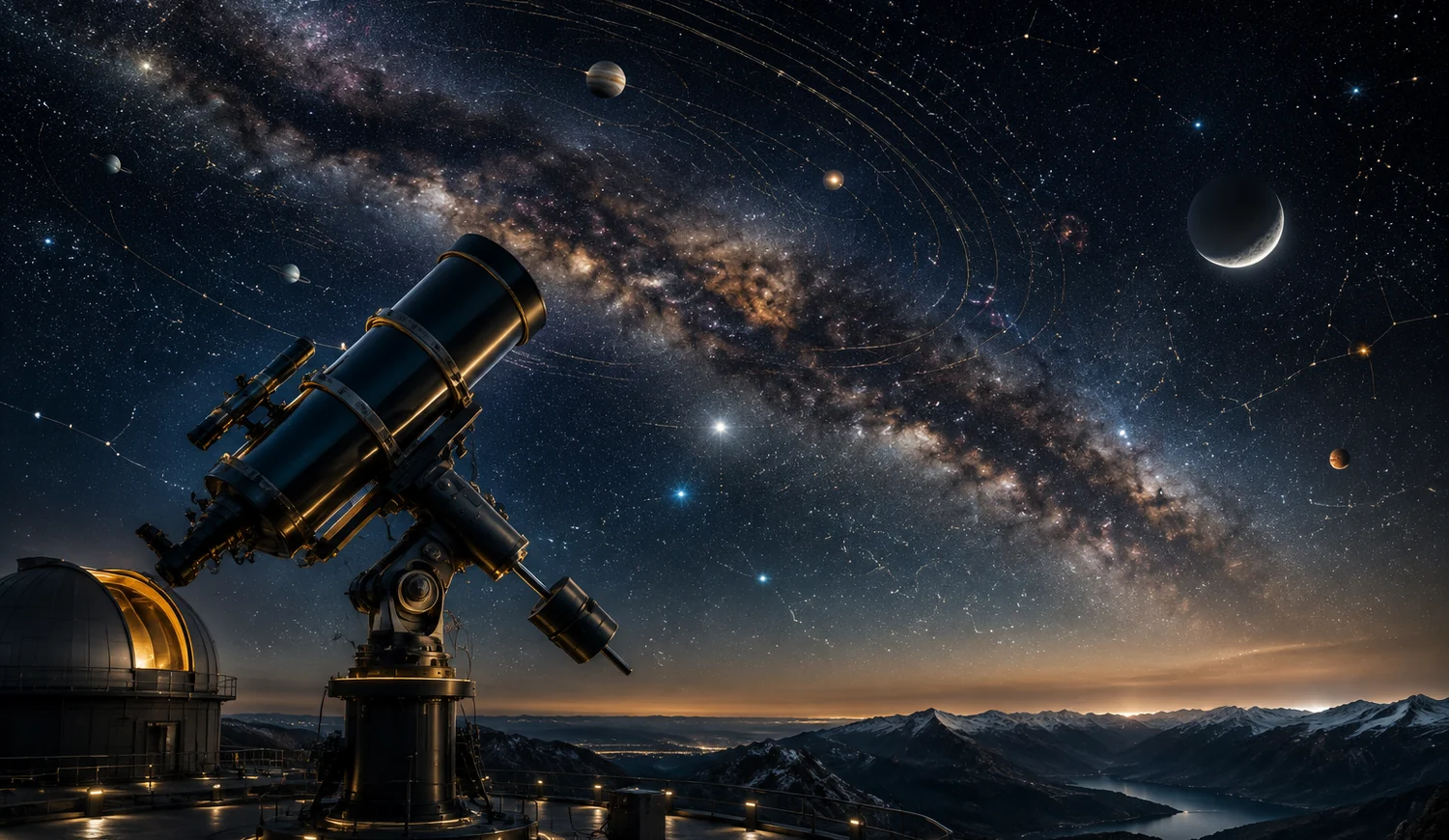 Professional observatory telescope beneath a star-filled Milky Way with planets and orbital paths