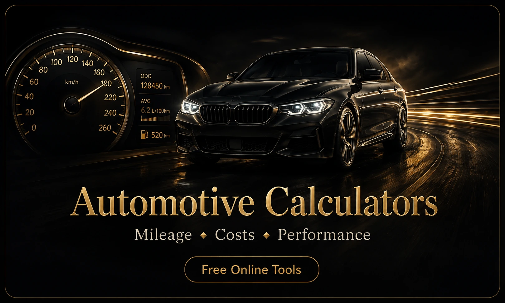 Premium black and gold Automotive Calculators scene with speedometer, fuel nozzle and vehicle tire
