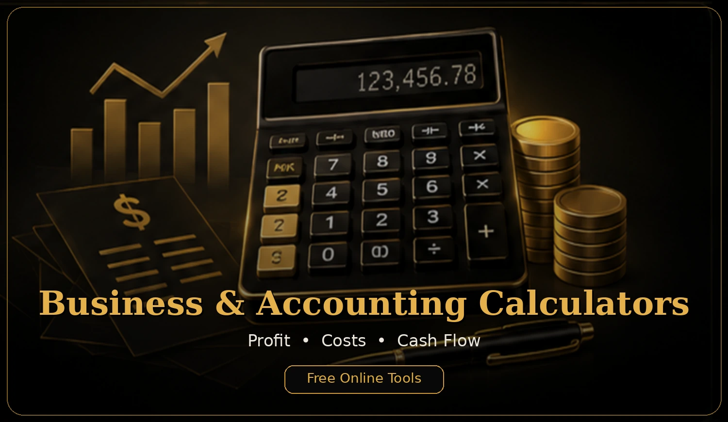 Premium black and gold Business and Accounting Calculators scene with calculator, financial chart and coins