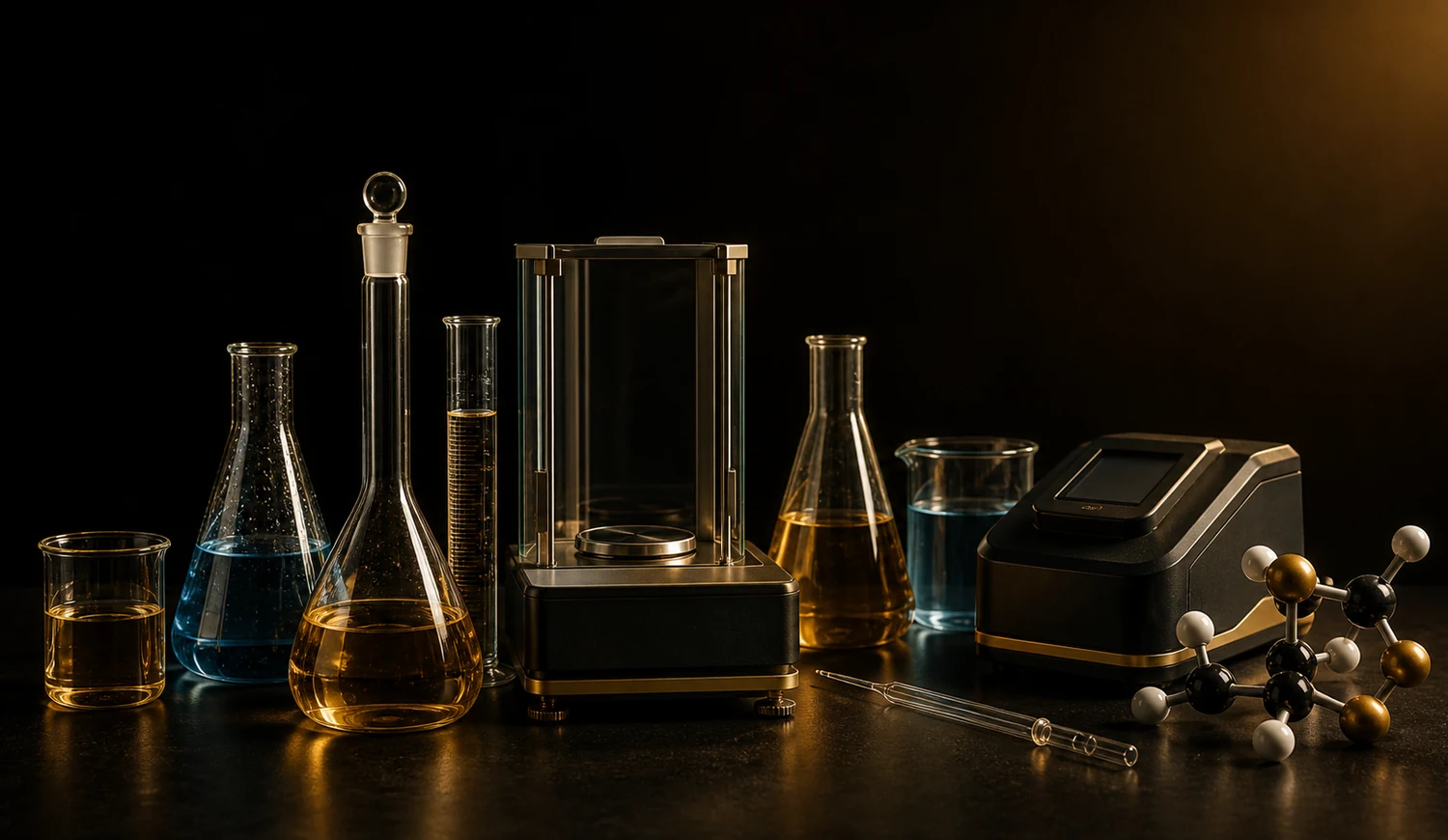 Realistic black and gold chemistry laboratory with glassware, balance, spectrophotometer, molecular model, and amber solutions
