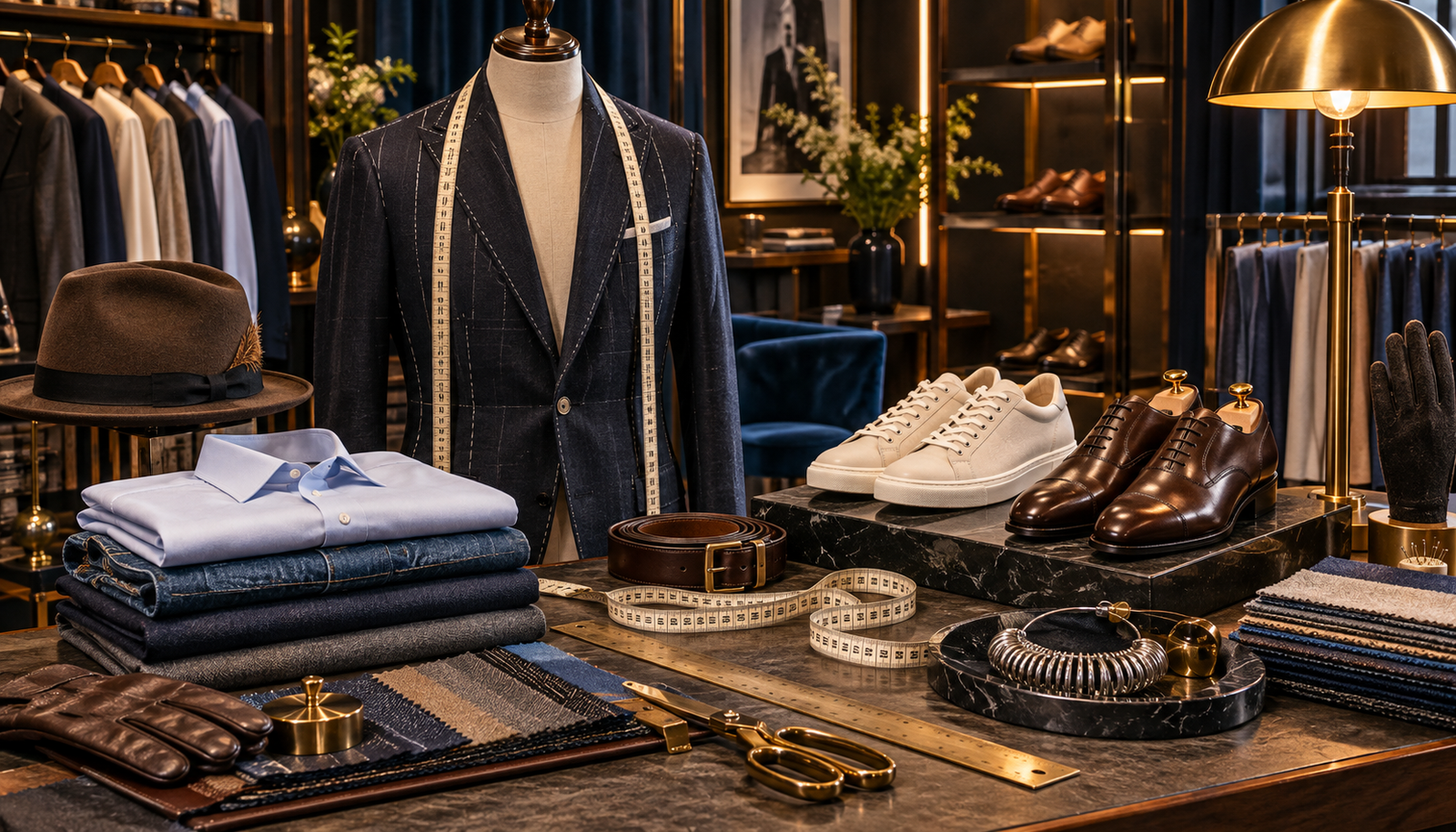 Professional tailor and footwear sizing studio with jacket, shoes, apparel and measurement tools