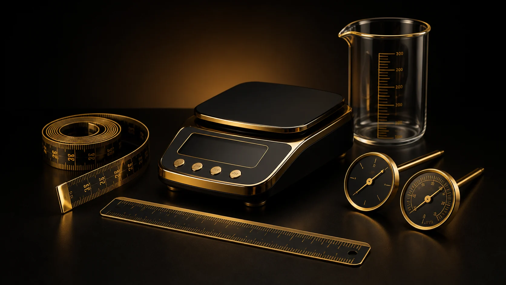 Black and gold scale, measuring tape, ruler, measuring vessel and gauges for the Conversion Calculators category