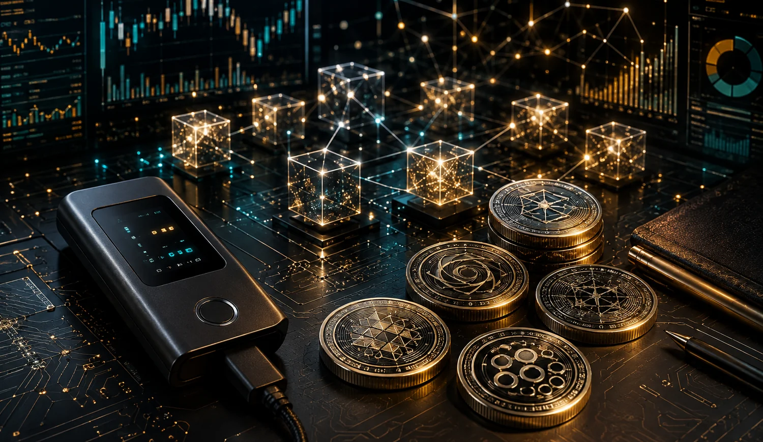 Black-and-gold blockchain network, hardware wallet, generic tokens and market-analysis screens