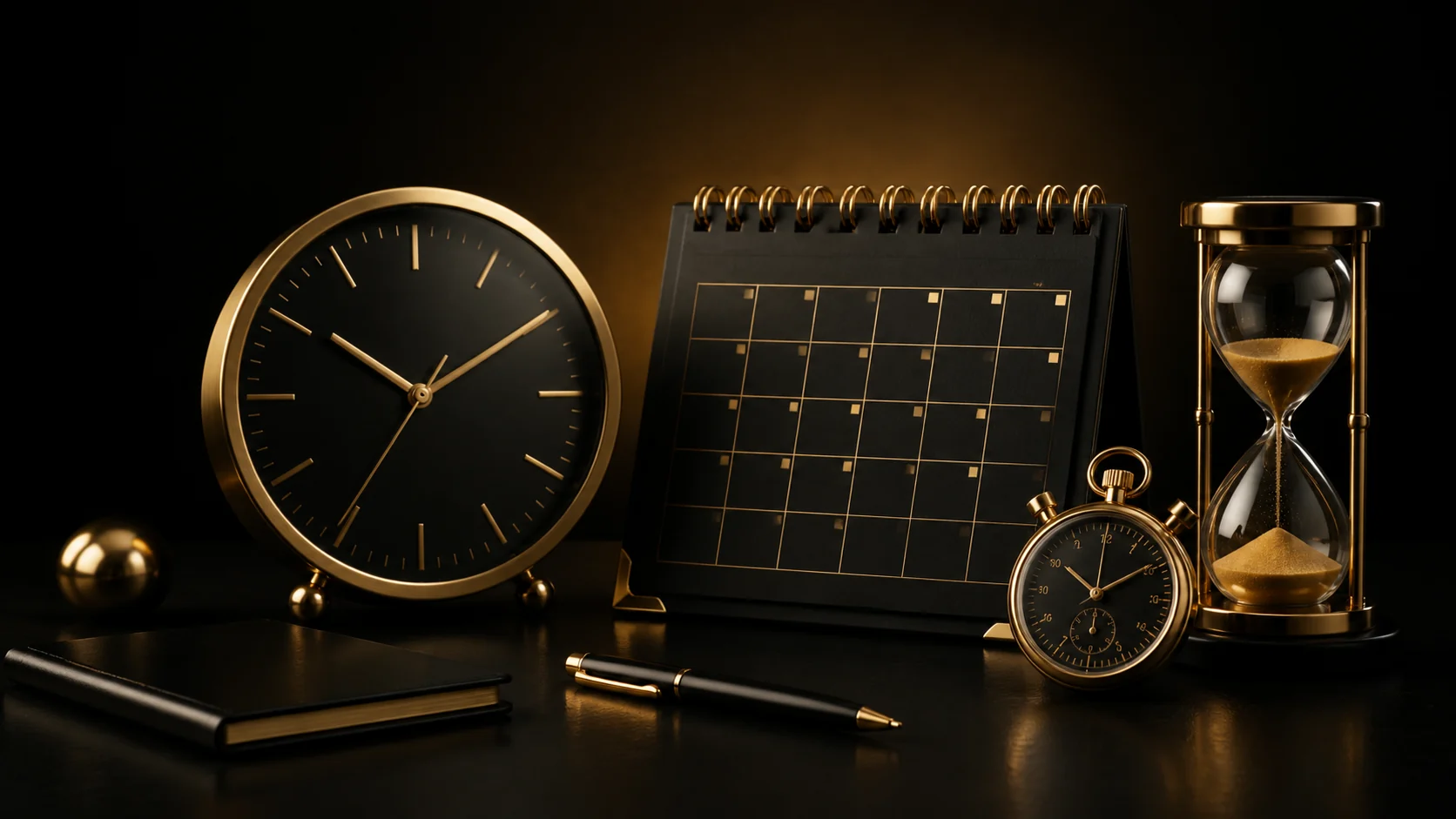 Black and gold clock, calendar, stopwatch and hourglass for the Date and Time Calculators category