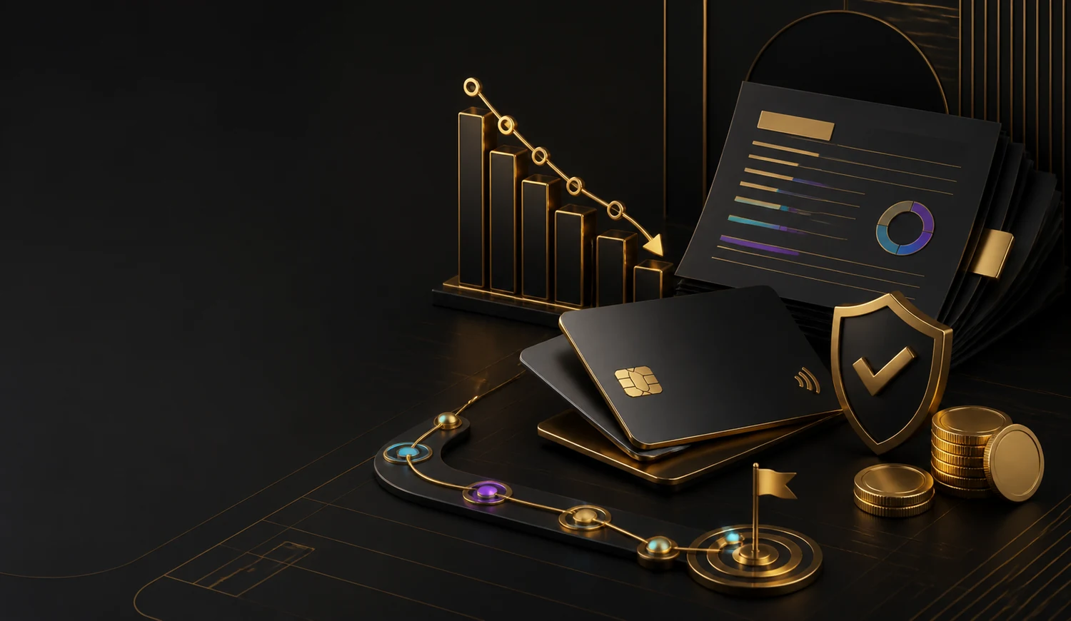Dark and gold desktop computer, server, phone and network visualization