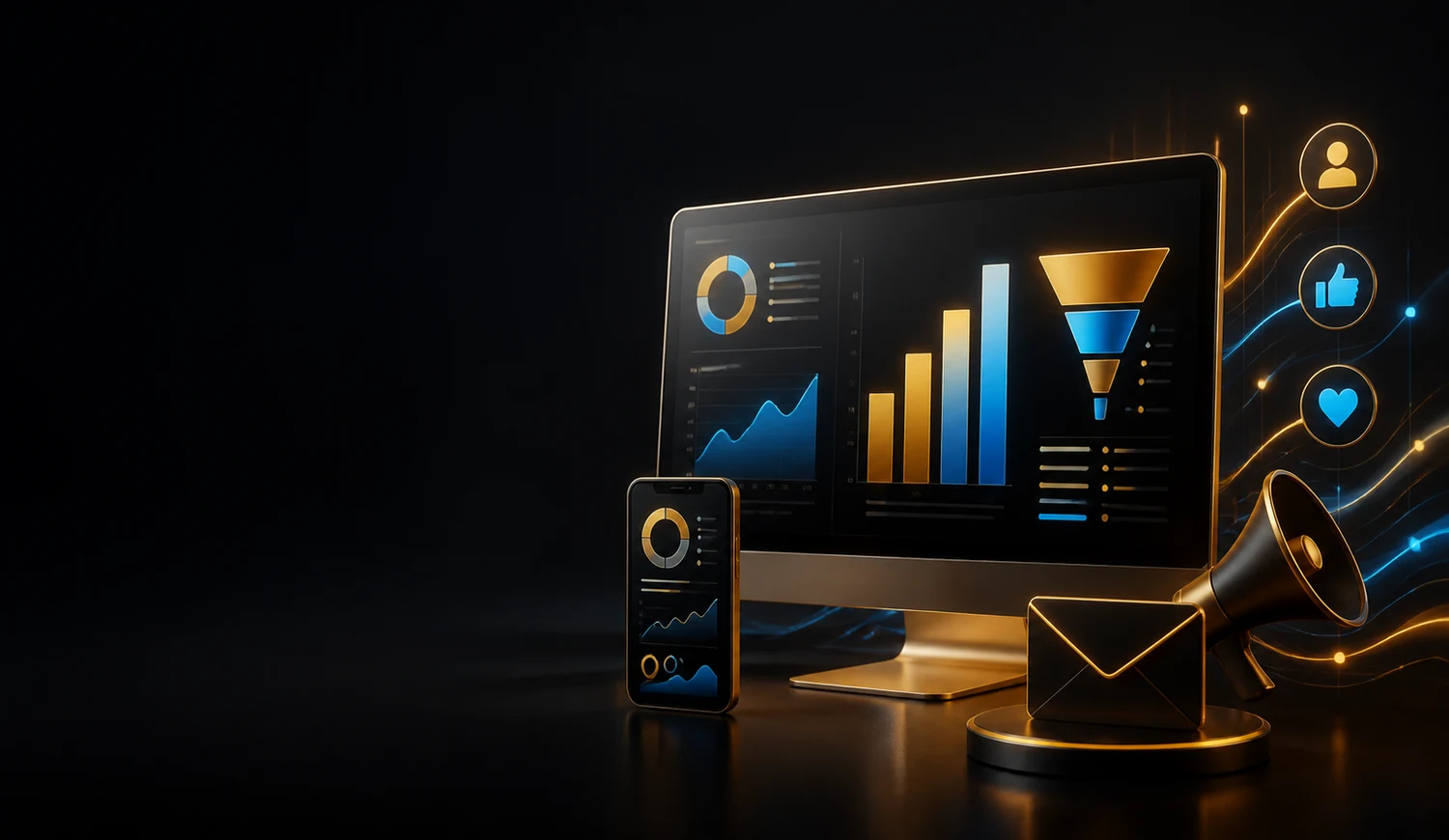 Dark and gold desktop computer, server, phone and network visualization