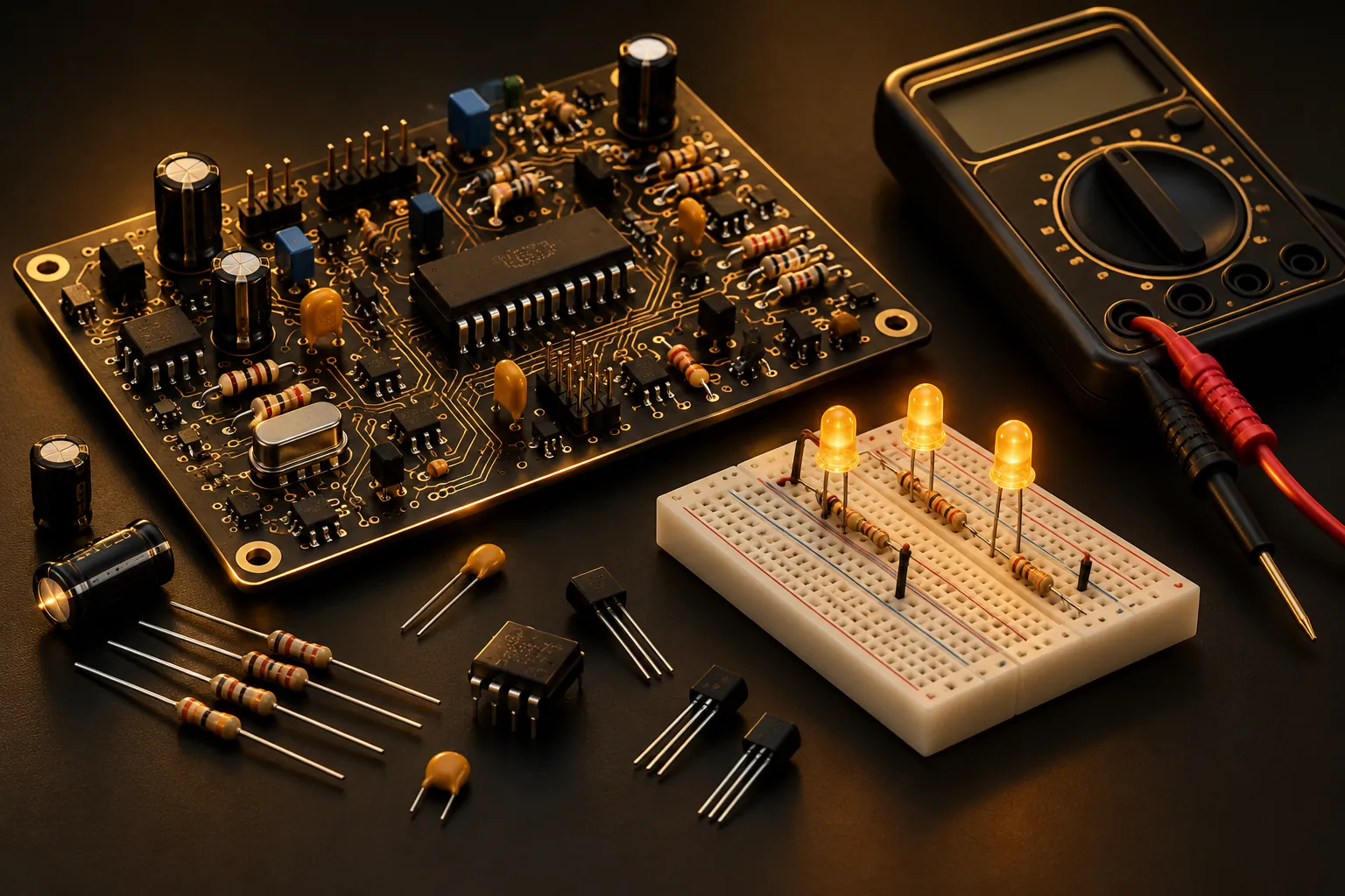 Black and gold electronics workbench with a circuit board, resistors, LEDs on a breadboard and a digital multimeter