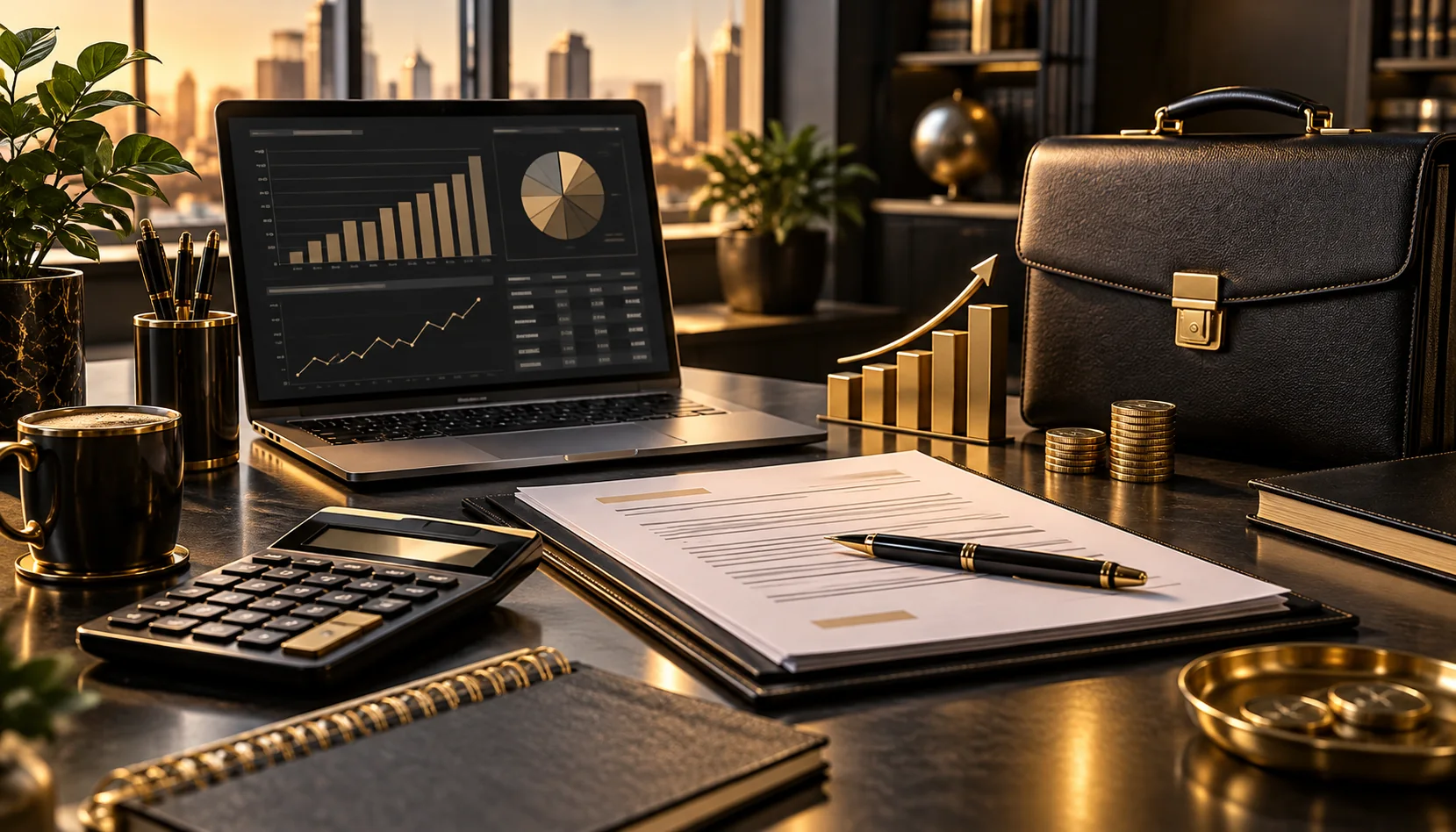 Professional employment and salary planning desk with calculator, contract, laptop charts and briefcase