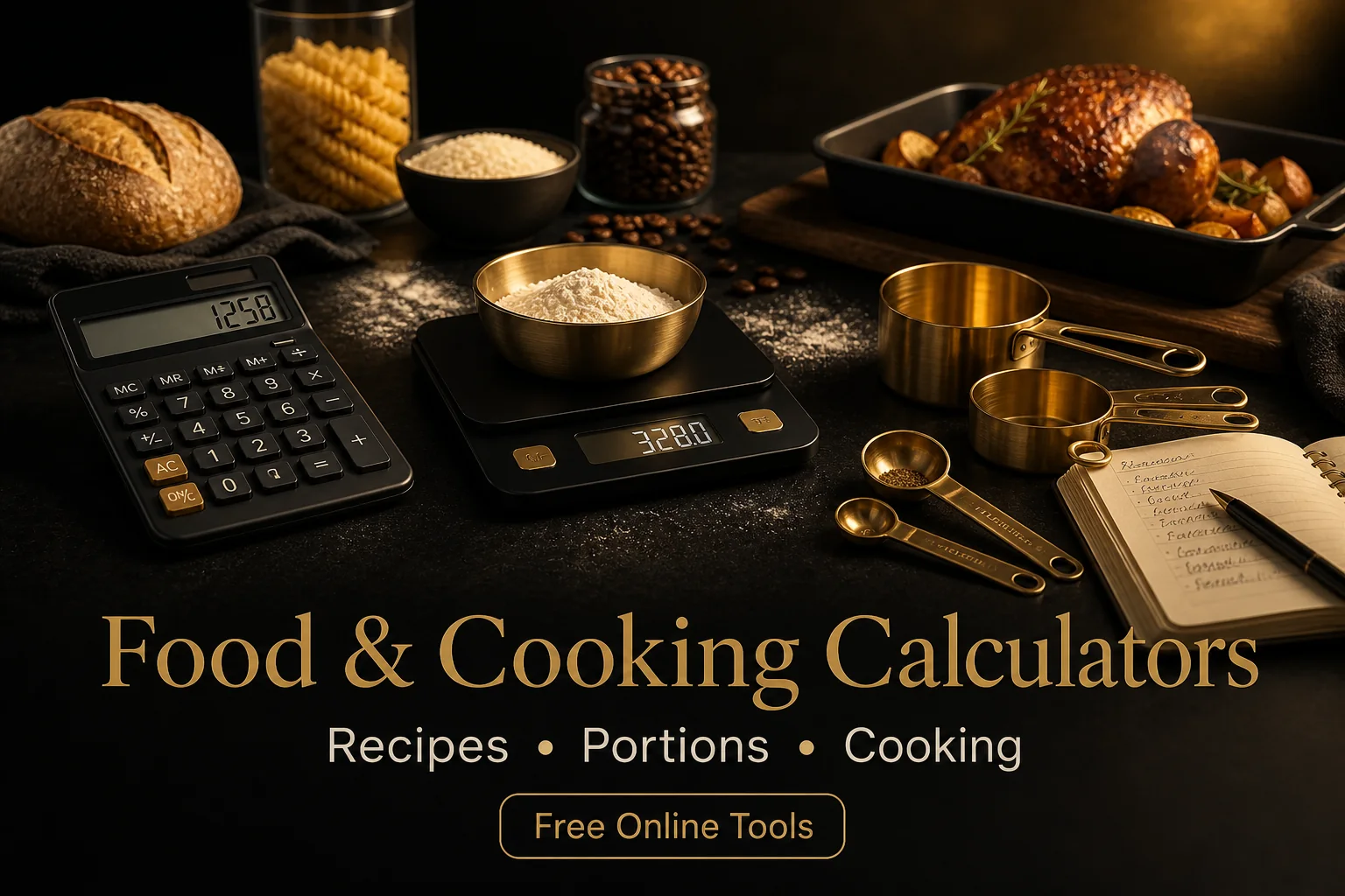 Premium black and gold kitchen workspace with scale, calculator, measuring cups, recipe notebook, bread, rice, coffee, and roast