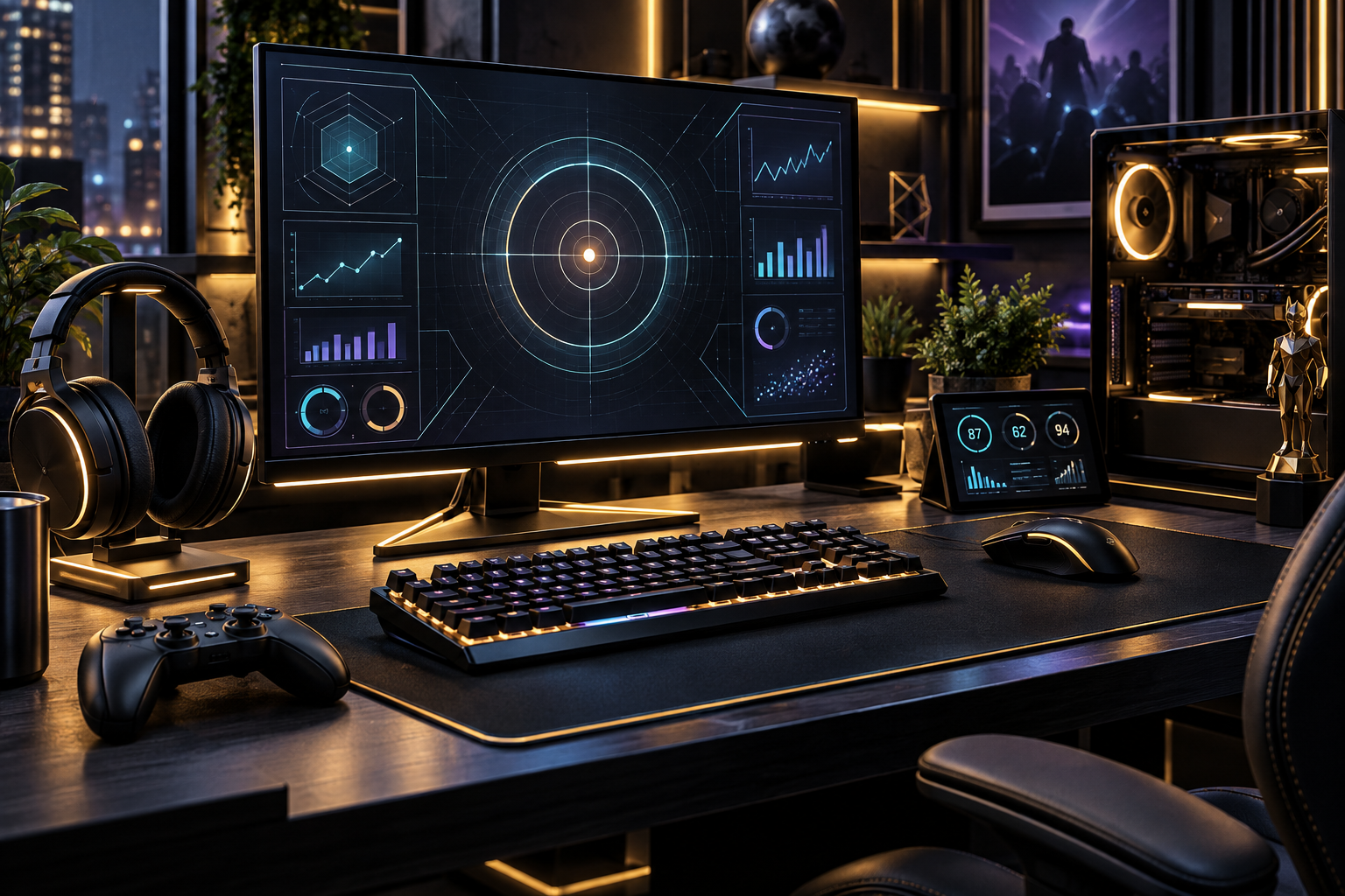 Premium gaming and esports performance workstation with monitor, keyboard, mouse, headset and controller