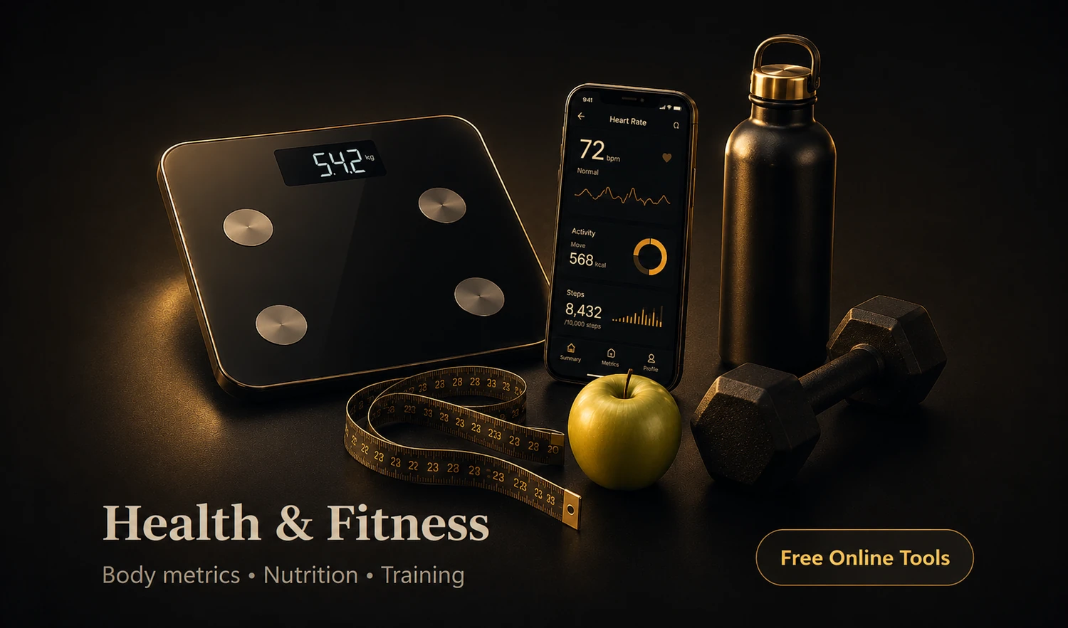 Health and fitness tools including a smart scale, fitness tracking phone, water bottle, measuring tape, apple and dumbbell