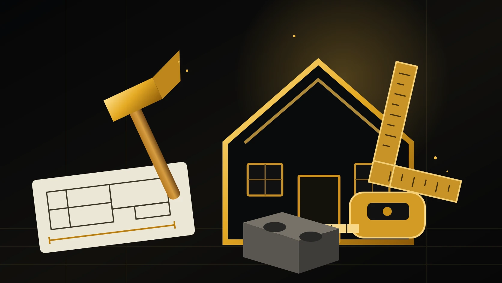 Black and gold house frame, building plan, hammer, ruler, tape measure and concrete block for Home and Construction Calculators