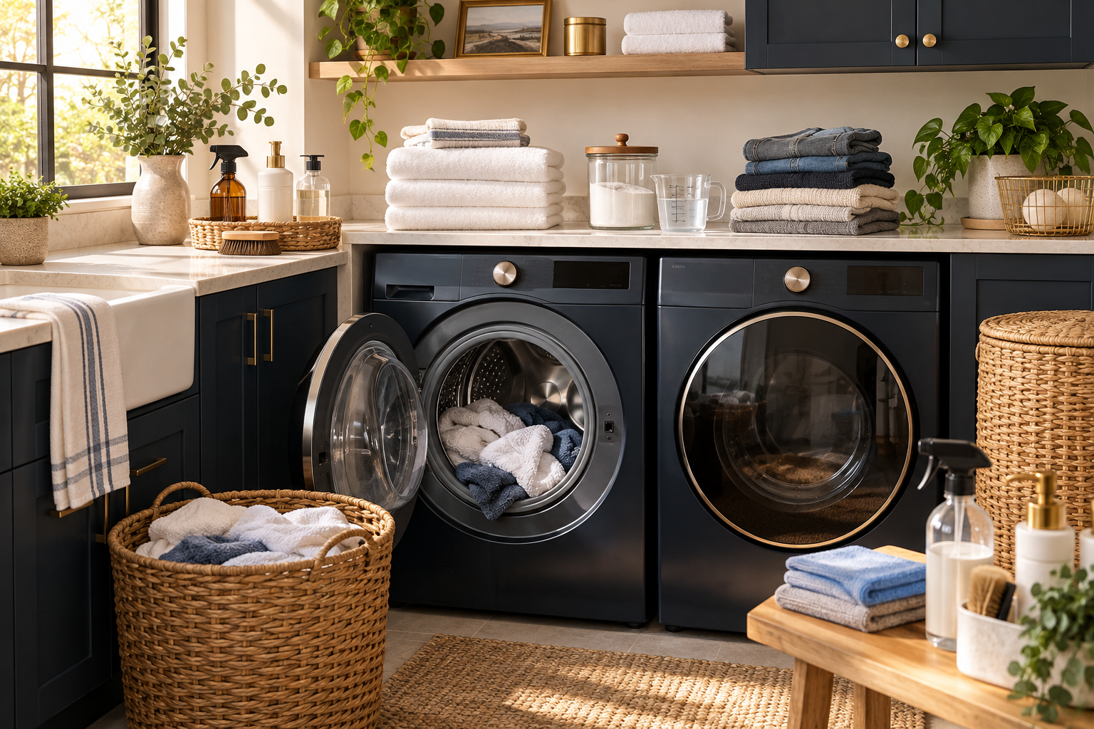 Bright laundry room with washer, dryer, folded towels, laundry basket and measured cleaning supplies