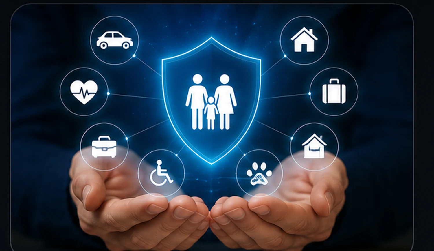 Insurance protection concept with home, auto, health, travel, business and pet symbols