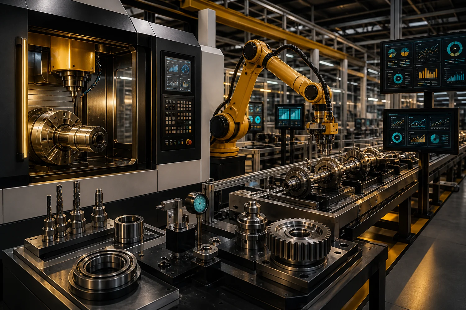 Modern black-and-gold factory with CNC machine, robotic arm, production line and analytics screens