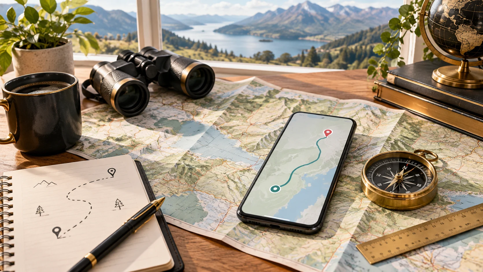 Road and topographic maps, brass compass, ruler, notebook and smartphone with an abstract route
