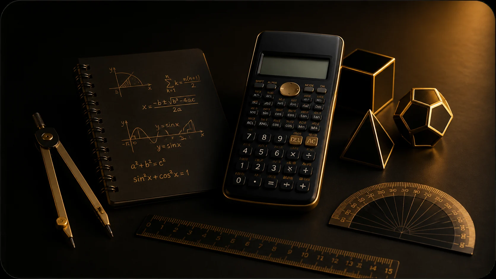 Black and gold calculator, compass, ruler and geometric forms for the Math Calculators category
