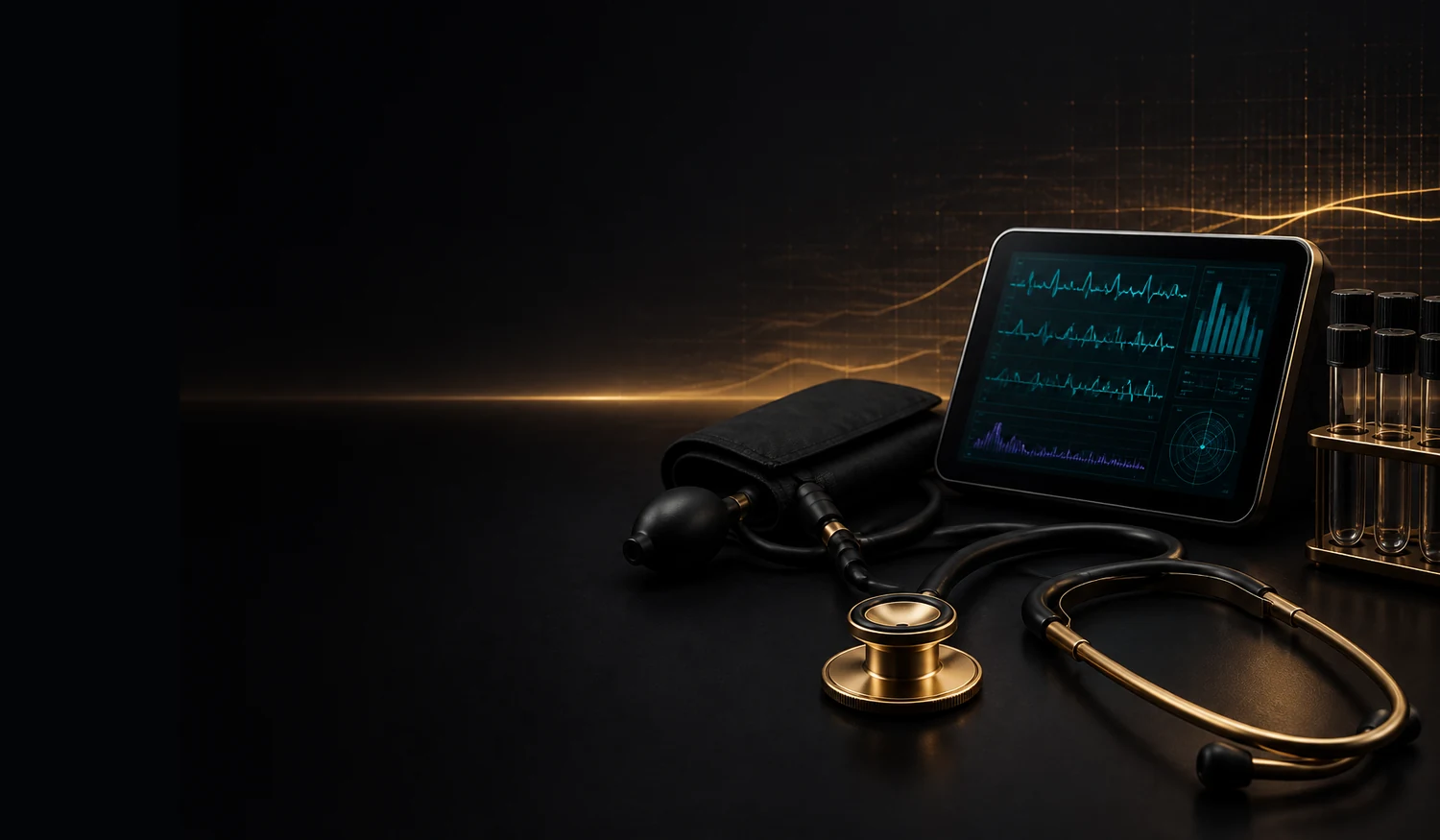 Dark and gold desktop computer, server, phone and network visualization