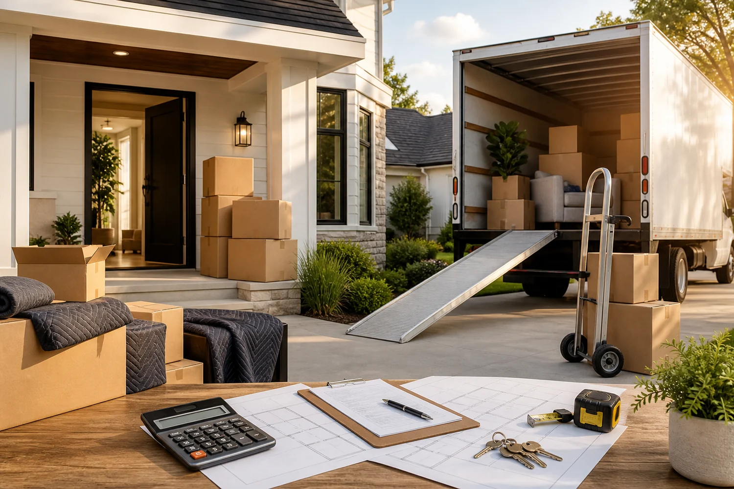 Moving truck, packed boxes, home and relocation planning materials