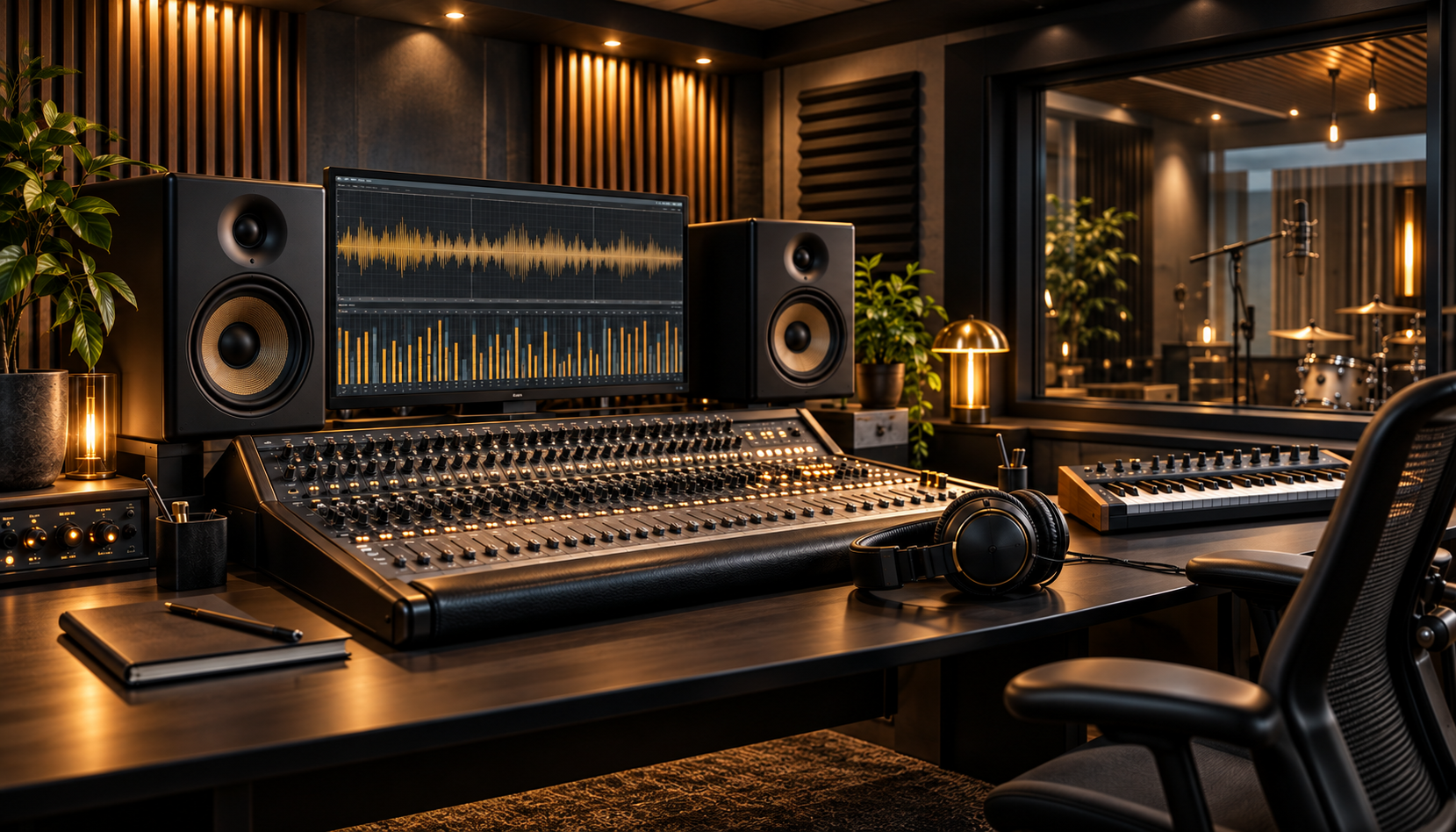 Professional music studio with mixing console, monitors, headphones and keyboard