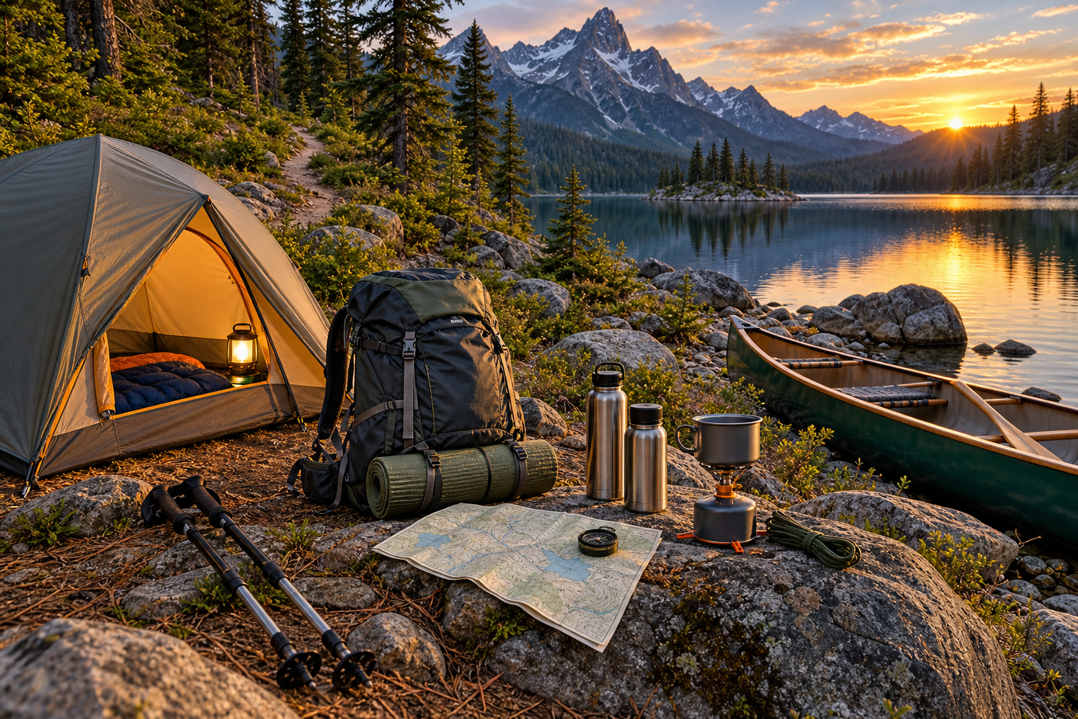 Organized alpine lakeside campsite with tent, backpack, water, stove, trail map and canoe