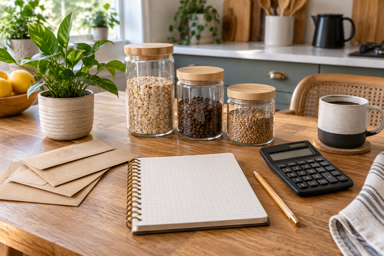 Bright universal household budgeting scene with blank envelopes, calculator, notebook and savings jars