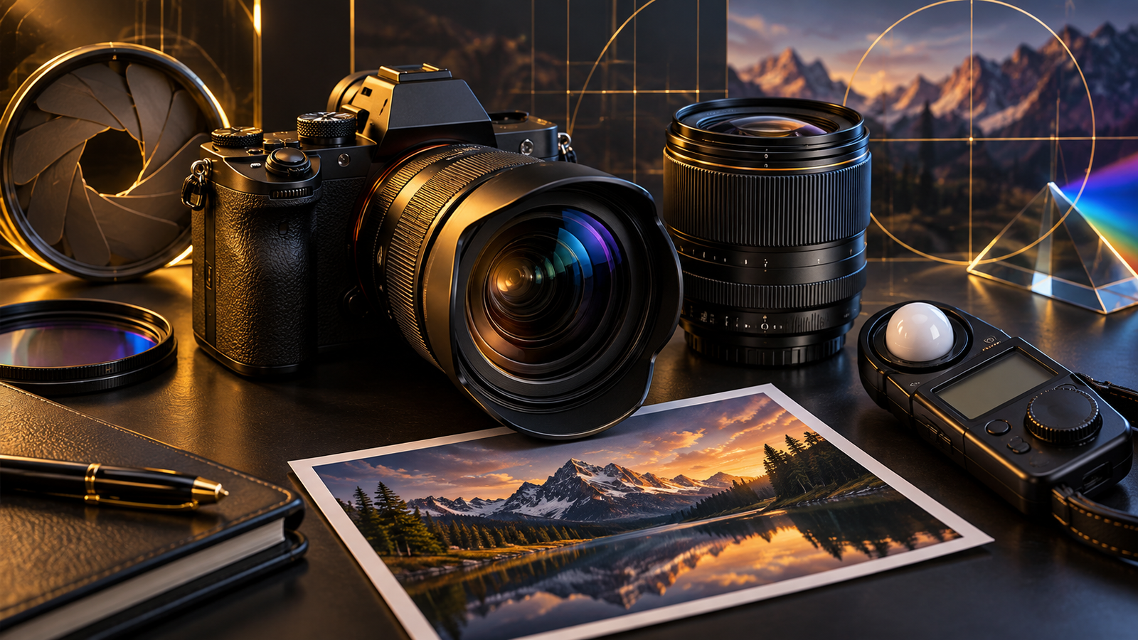 Professional camera, lenses, light meter and landscape print in a gold and blue studio