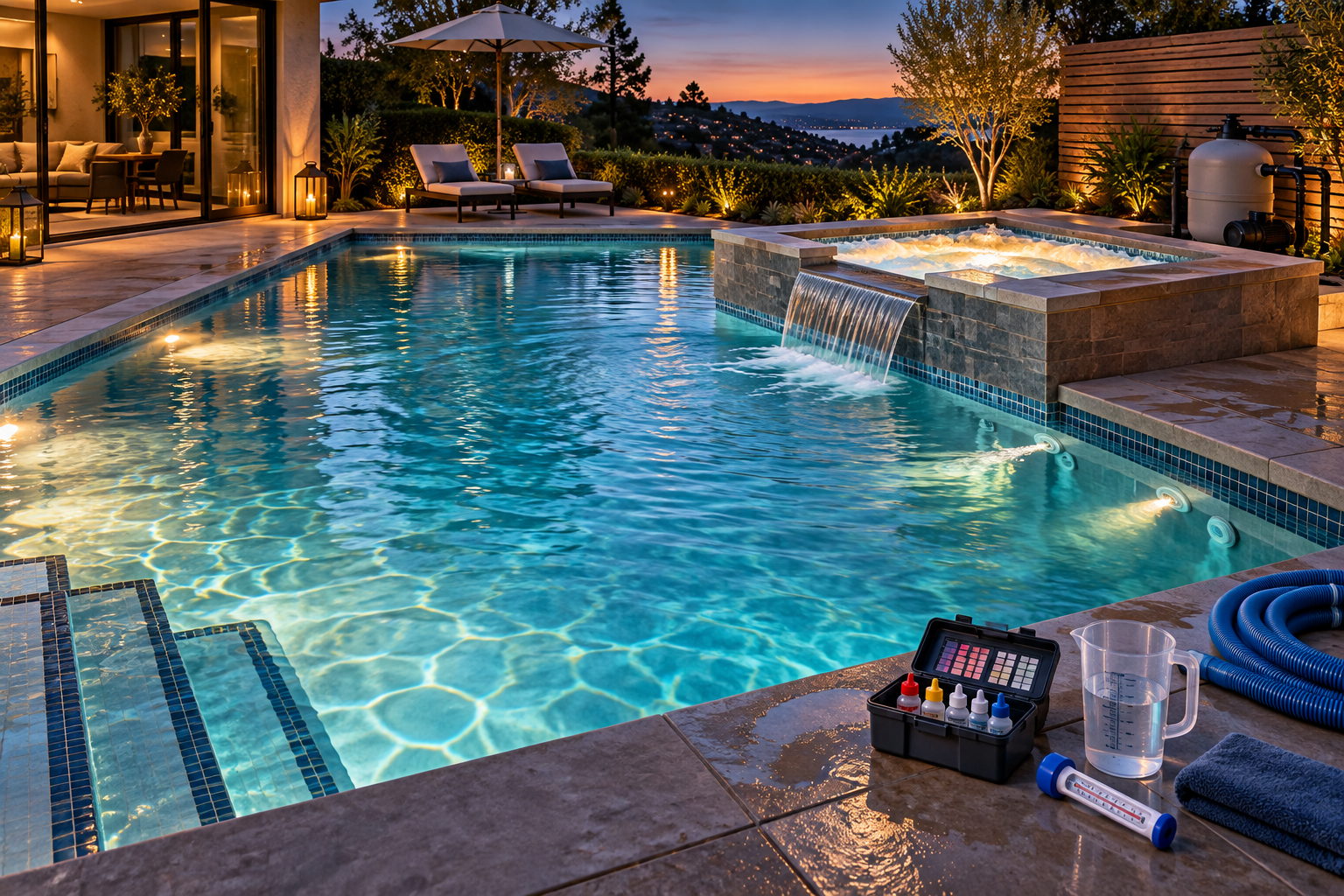 Modern residential swimming pool and raised spa with circulation equipment and professional water testing kit