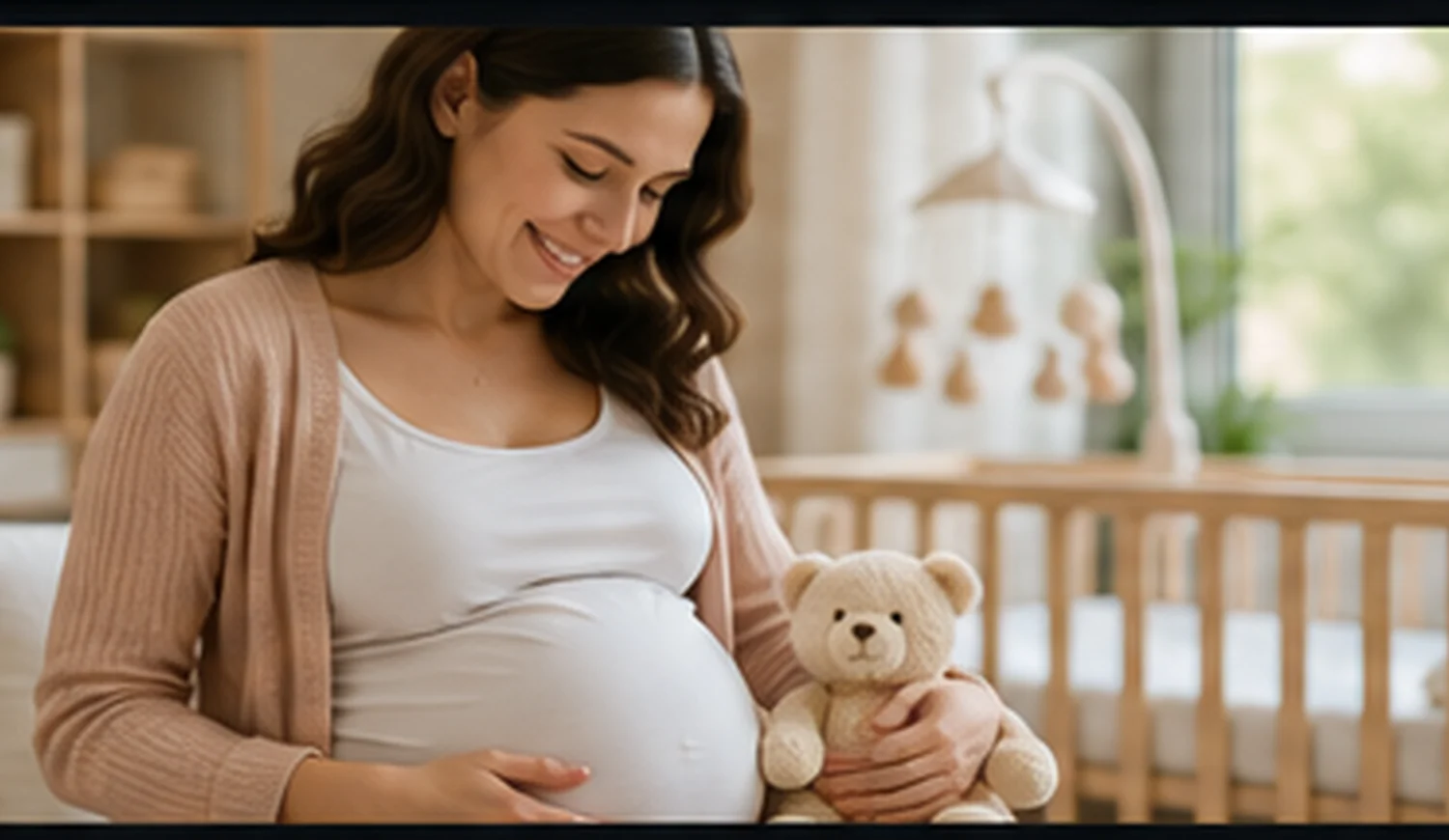 Expectant parent in a calm nursery representing pregnancy and baby planning calculators