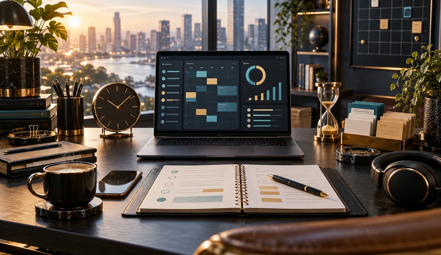 Premium full-frame productivity workspace with laptop, planner, analog clock, hourglass and gold-teal lighting