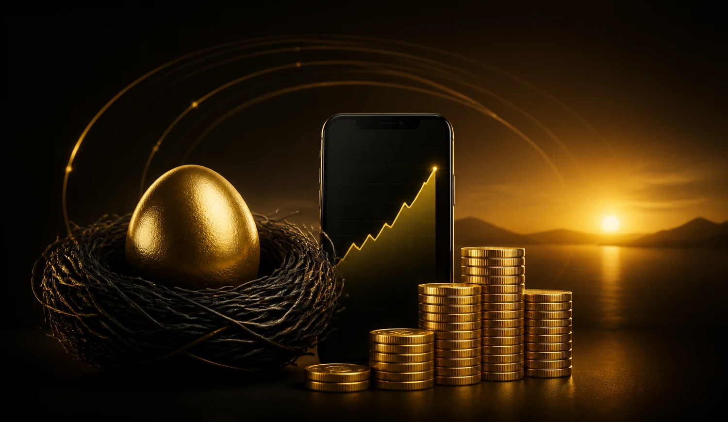 Golden retirement nest egg, investment growth chart and coin stacks at sunrise