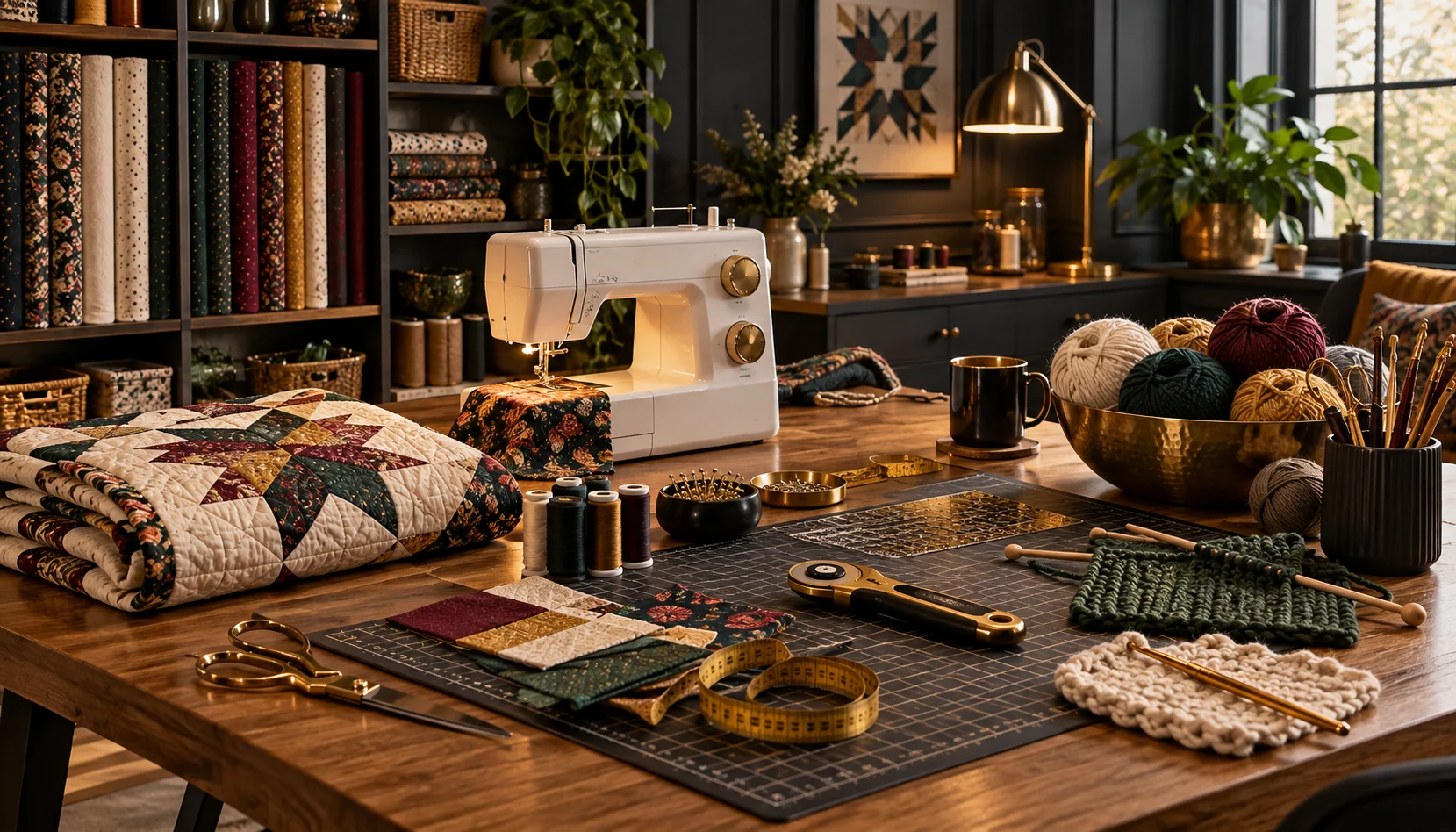 Warm sewing and quilting studio with sewing machine, folded quilt, fabric, yarn, knitting needles and crochet tools