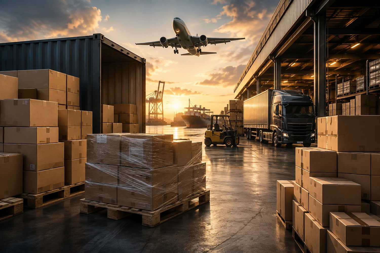 Professional parcels, palletized freight, container, truck and cargo aircraft in a modern warehouse