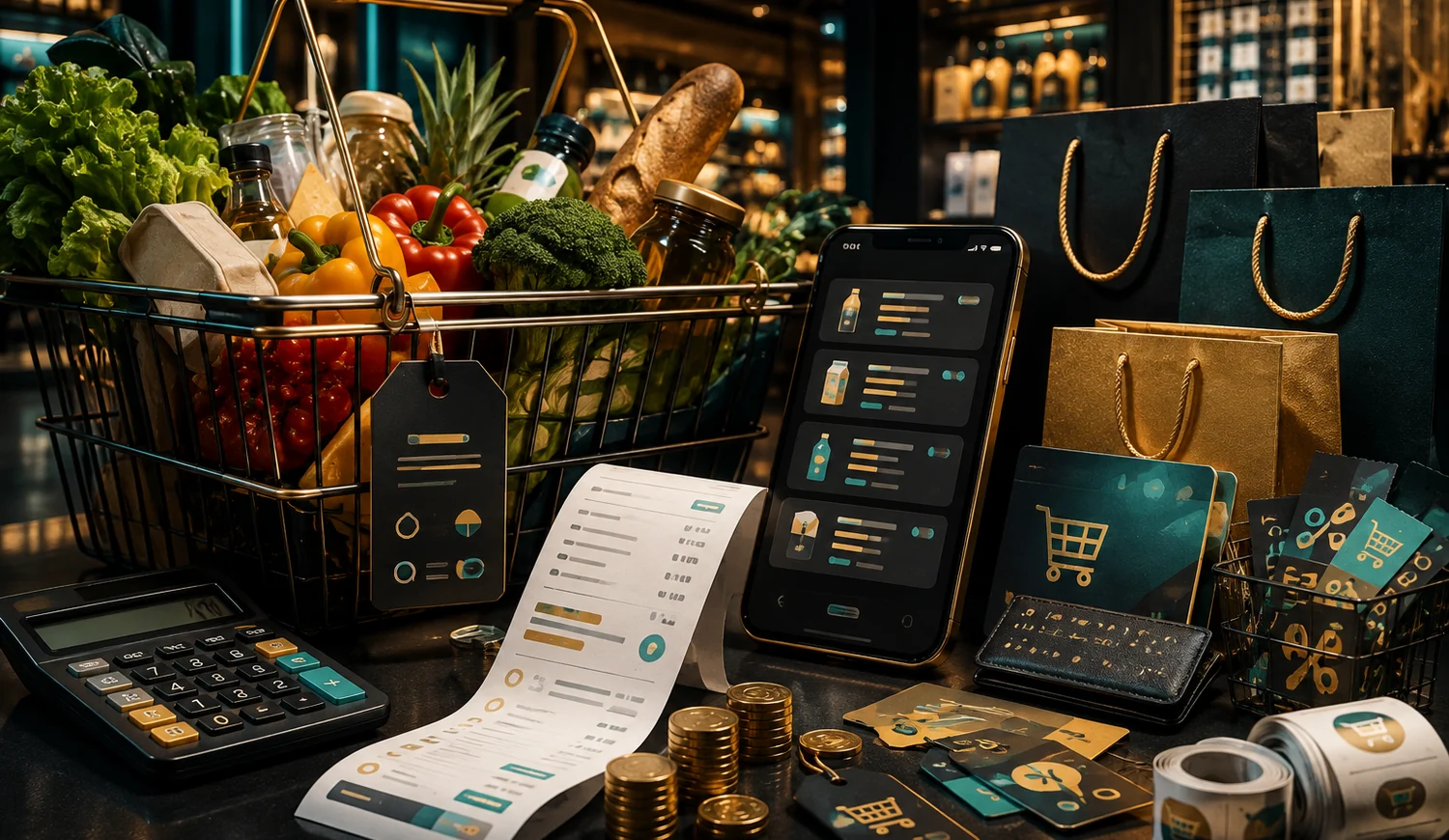 Premium shopping basket, bags, receipt, calculator and abstract price-comparison display