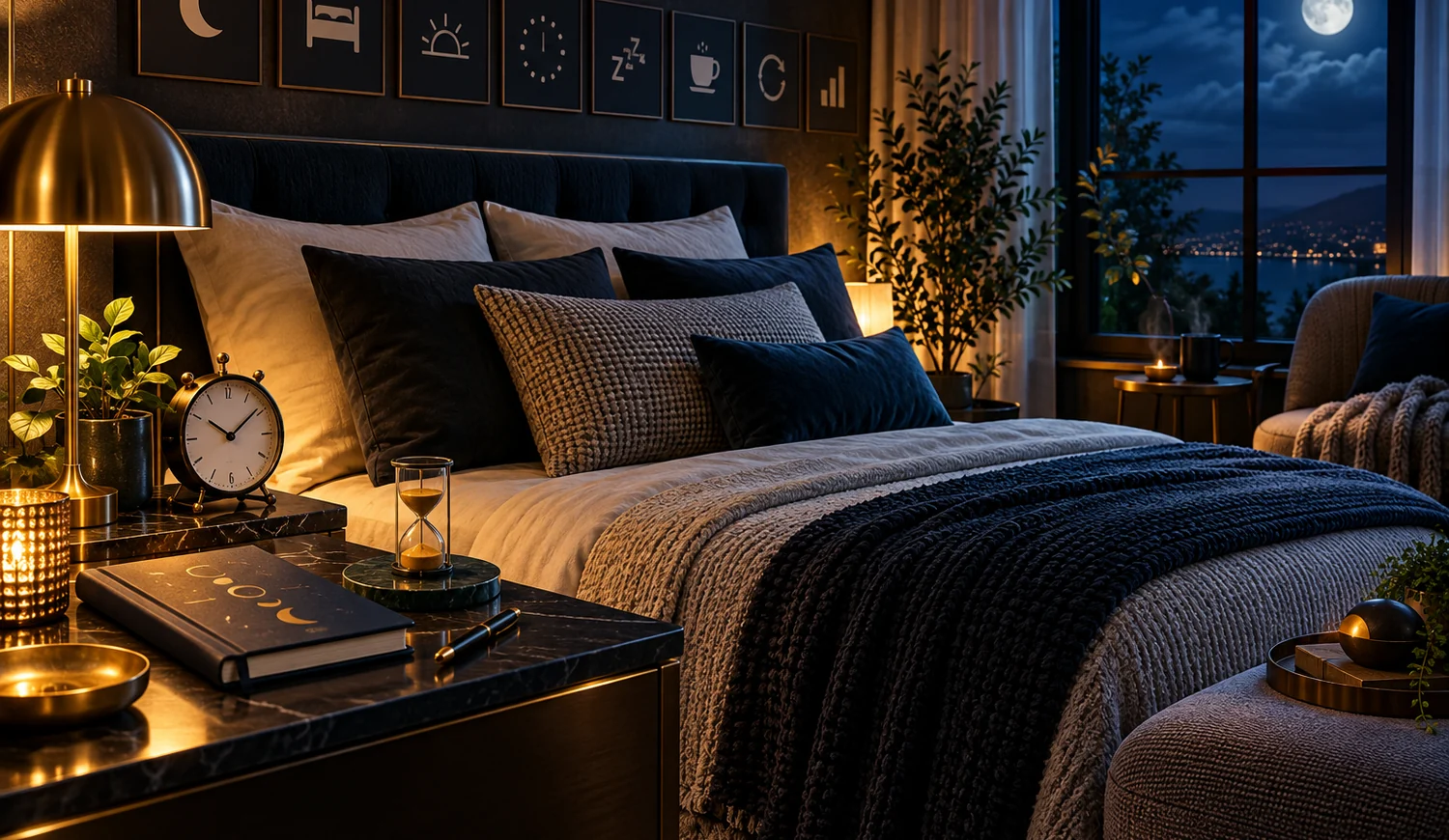 Premium full-frame bedroom with moonlit window, bedside clock, sleep journal and gold-blue lighting