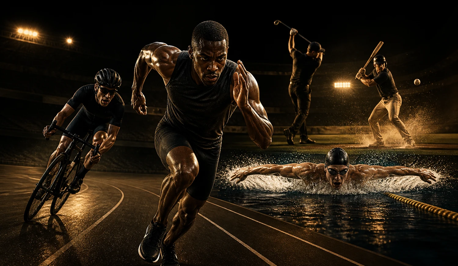 Realistic black and gold sports performance scene with runner, cyclist, swimmer, golfer and baseball player