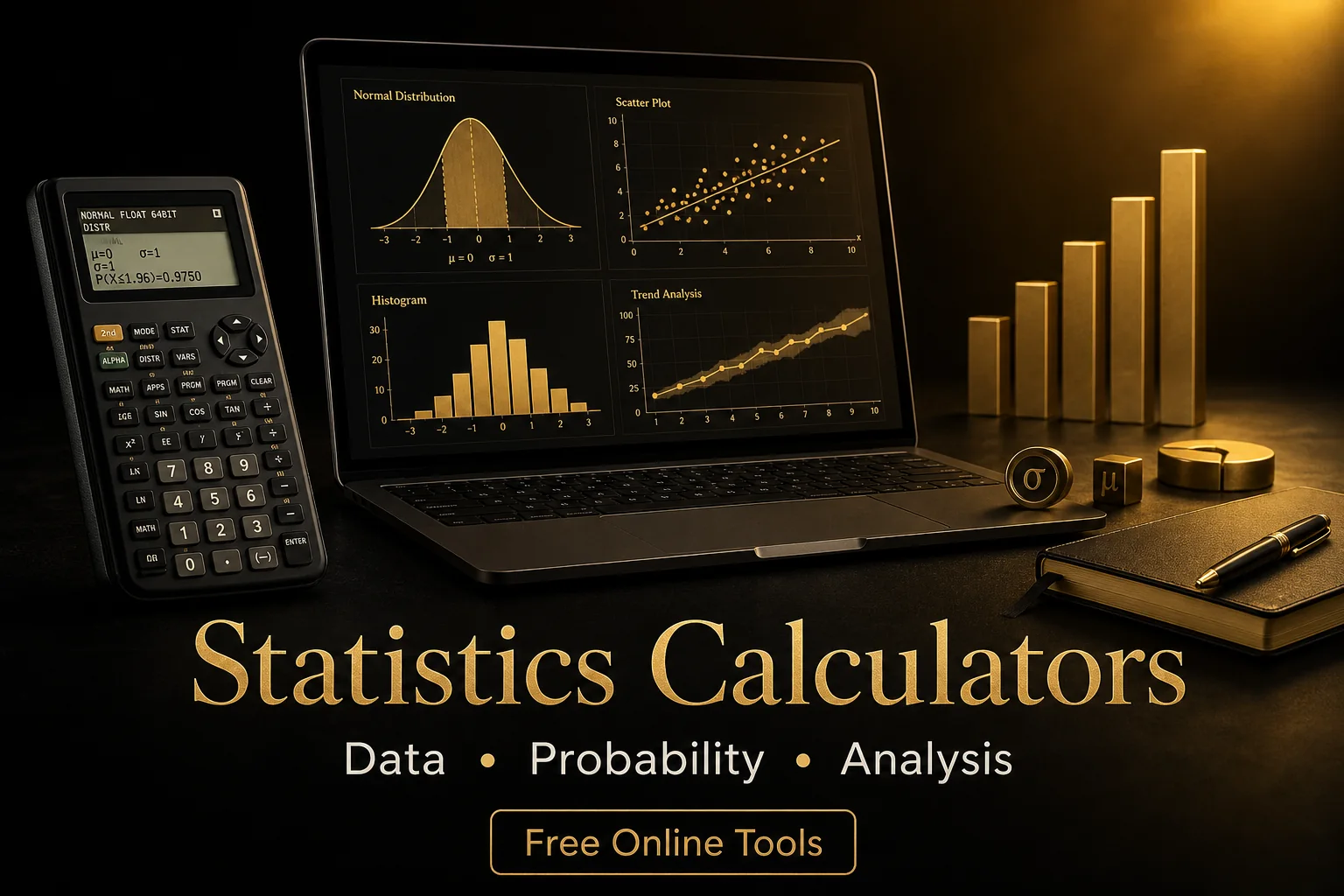 Premium black and gold statistics workspace with calculator, laptop charts, data bars, notebook, and analysis symbols
