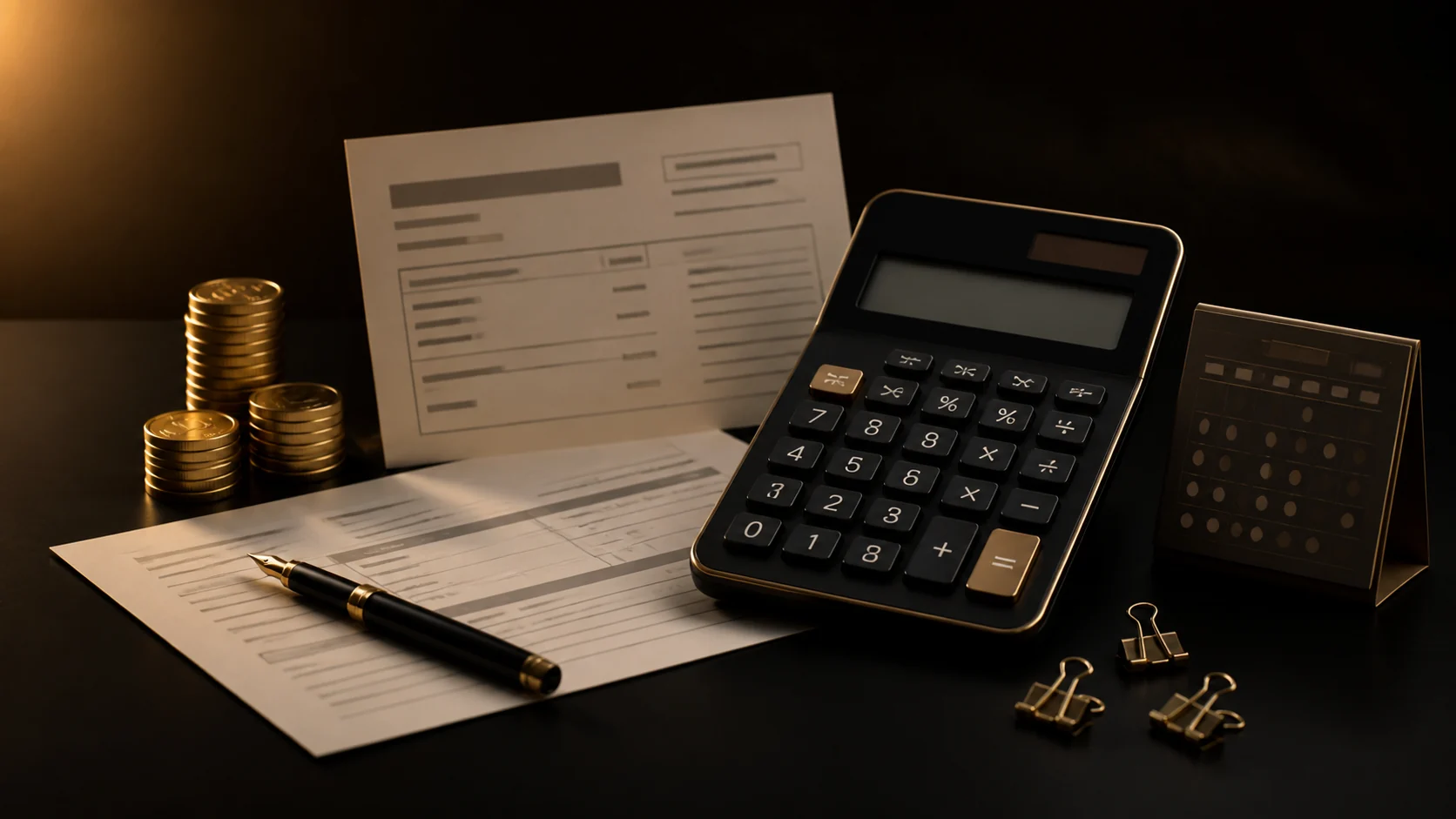 Black and gold calculator, payroll papers, calendar, pen and coins for the Tax and Paycheck Calculators category