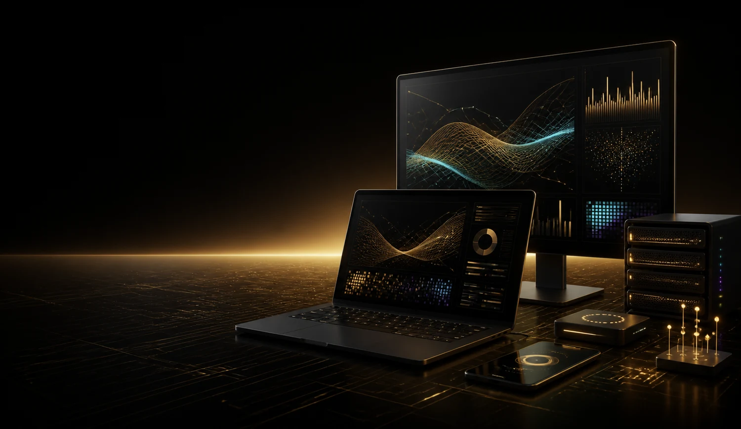 Dark and gold desktop computer, server, phone and network visualization