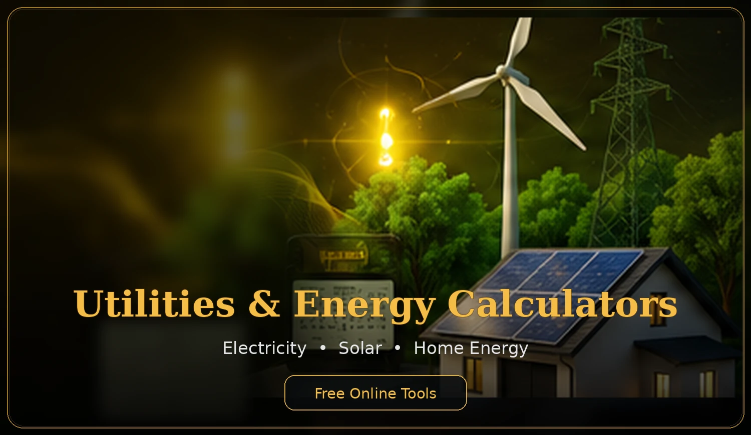 Premium black and gold Utilities and Energy Calculators scene with solar panels, home energy and electricity imagery