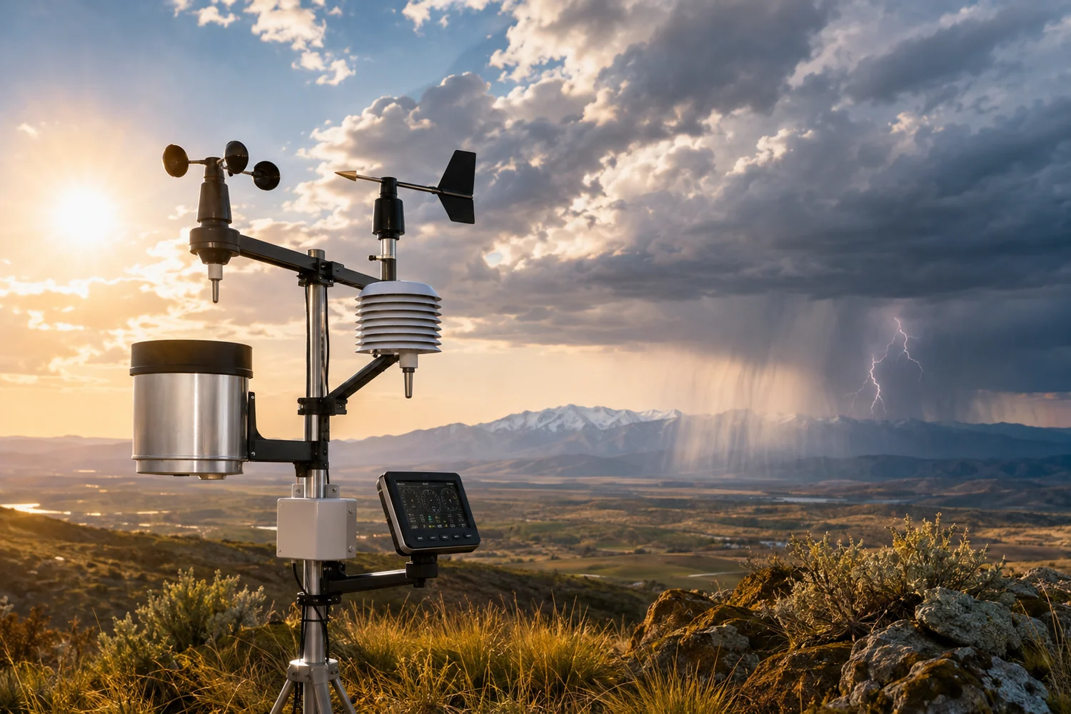 Professional weather station under sun, rain, lightning and mountain weather