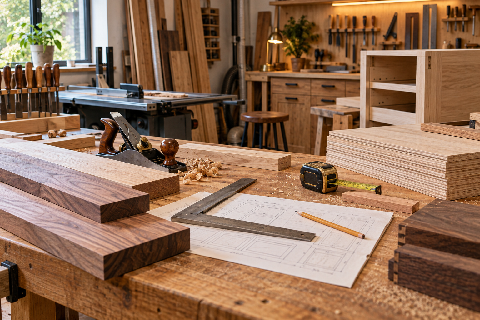 Full-frame woodworking workshop with measured lumber, carpenter square, hand plane, pencil and plywood