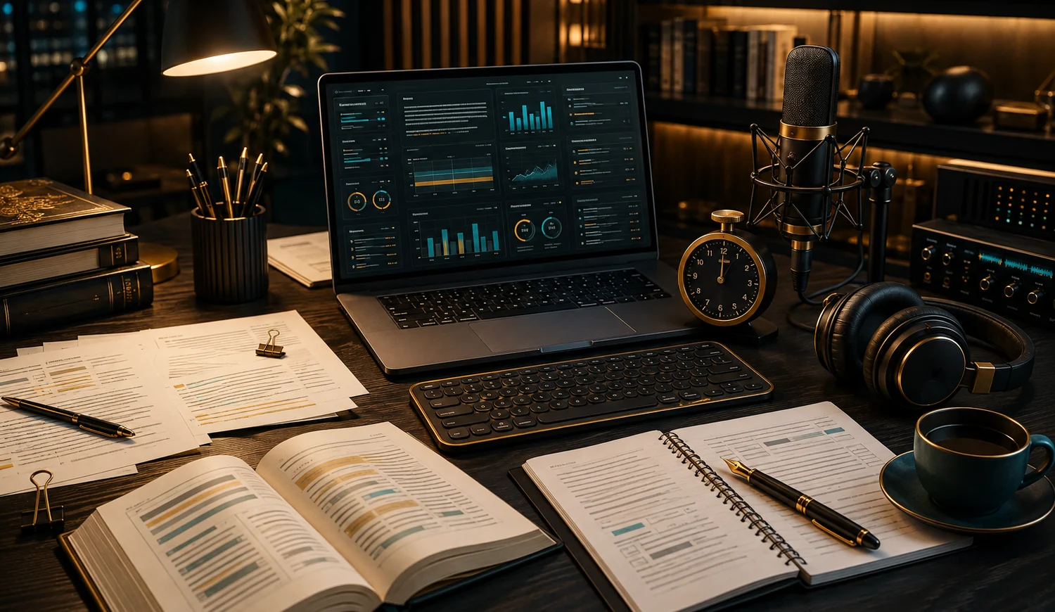 Premium editorial workspace with books, manuscript pages, keyboard, microphone, headphones and text-analysis display